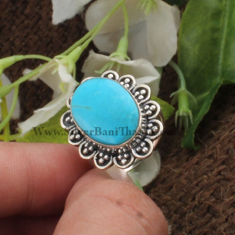 925 Sterling Solid Silver Ring,Oval Cabochon Ring,Middle Finger Ring,Sleeping Beauty Turquoise Gemstone Ring Gift Item Statement Ring