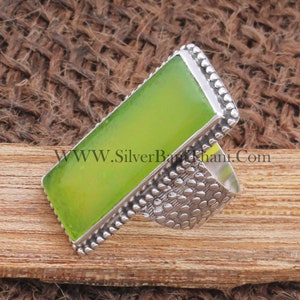 Green Jade Long Bar Gemstone Solid 925 Sterling Silver Ring For Women, Handmade Rectangle Textured Wide Band Ring Gift Idea For Her Birthday