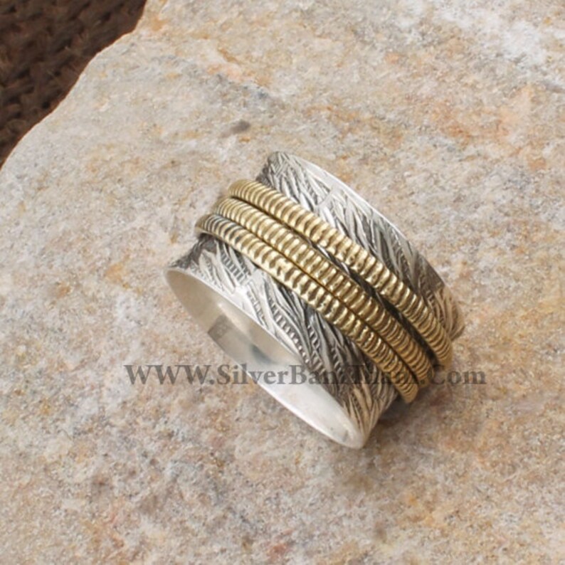 Women Wedding Jewelry Gift For Her 925 Sterling Silver /& Brass Carved Spinner Ring Designer Handmade Antiqued Silver Meditation Ring