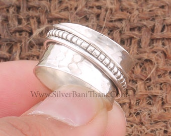 925 Sterling Silber handgeschnitzter Band-Spinner-Ring | Designer-Meditationsring aus gehämmertem Silber | Braut-Hochzeitsschmuck | Daumenring als Geschenk