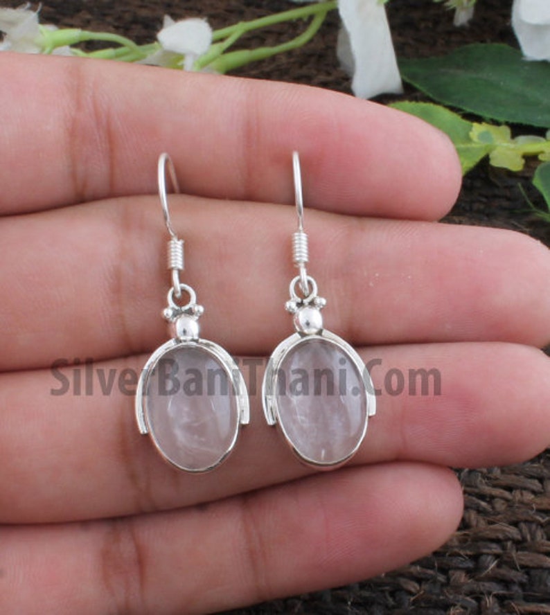 Amazing Rose Quartz Gemstone Earring-925 Sterling Silver Pink Stone Earring-Oval Stone Earring-Silver Jewelry-Layering Earring-Gift For Love
