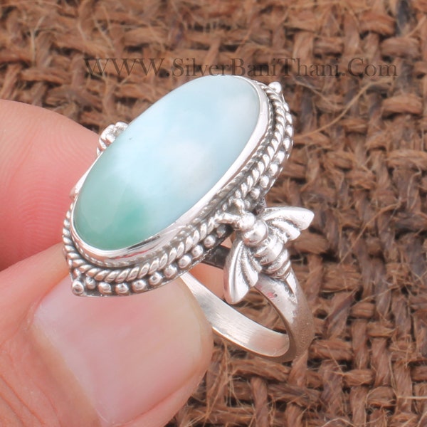 Bague Larimar abeille, bagues en argent sterling 925 pour femme, bague pierres précieuses Larimar, bague vintage délicate, cadeau d'anniversaire de mariage 2023