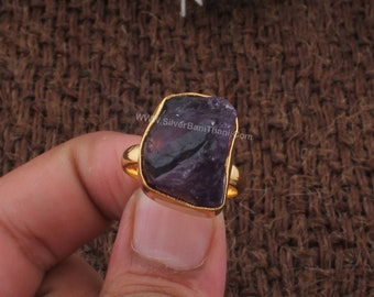 Fine Quality Amethyst Ring, Rough Amethyst Ring, Brass With 18k Gold Plated Ring, Raw Amethyst Rings, For Her, February Birthstone Statement