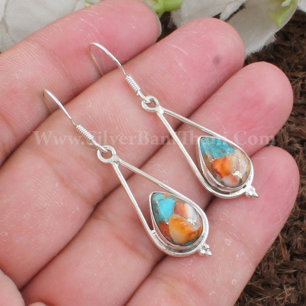 Oyster Copper Turquoise Silver Earrings 925 Sterling Solid Silver Earrings Designer Pear Gemstone Earrings Handmade Women Earring Gift Cyber