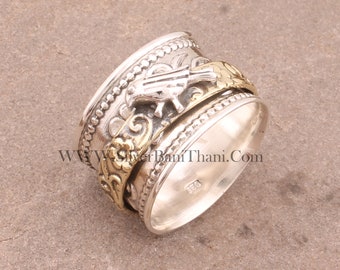 Birds Silver Flower Vine Spinner Ring Solid 925 Sterling Silver Band Ring Feather Ring Ring Boho Fidget Ring Two Tone Band Ring Women Gift