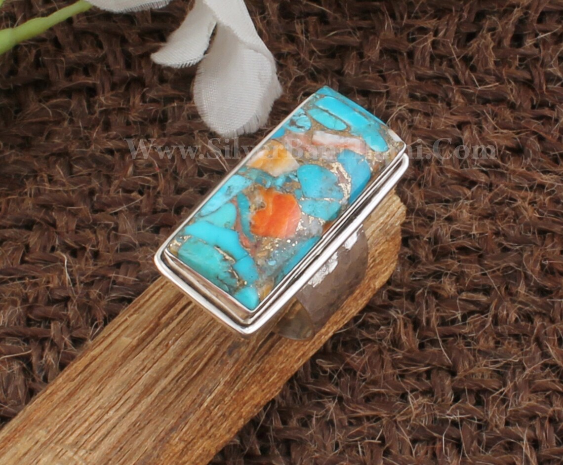 Oyster Copper Turquoise Rectangle Shape Gemstone Silver Ring | Etsy