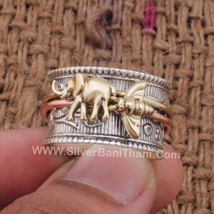 Elephant & Honey Bee Solid 925 Sterling Silver Wide Band Spinner Ring ...