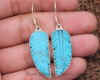 Carving Turquoise Long Fancy Stone Solid 925 Sterling Silver Earring For Women | Handmade Feather Leaf Solid Silver Earring For Anniversary