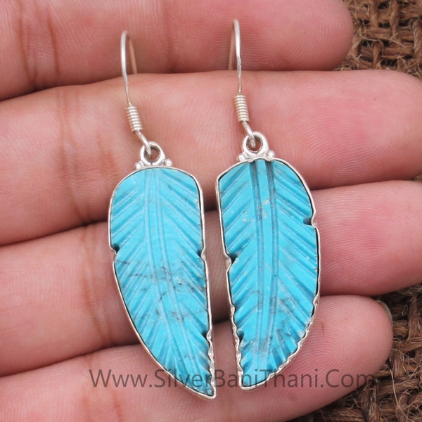 Boucles d'oreilles longues en argent sterling 925 avec pierre fantaisie sculptée turquoise pour femme | Boucles d'oreilles en argent massif faites à la main avec des feuilles de plumes pour un anniversaire