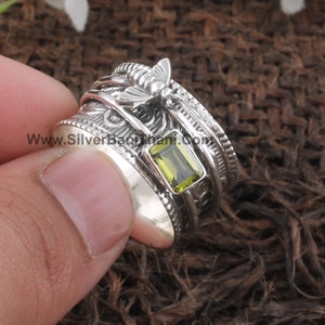 Solid 925 Boho Natural Peridot Silver Spinner Ring 925 Sterling Silver Faceted Cut Peridot Spinner Ring Honey Bee Silver Ring Etsy