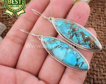 Blue Copper Turquoise Silver Earrings | Handmade Women Wedding Earrings | 925 Sterling Solid Silver Smooth Marquise Gemstone Earrings Gift