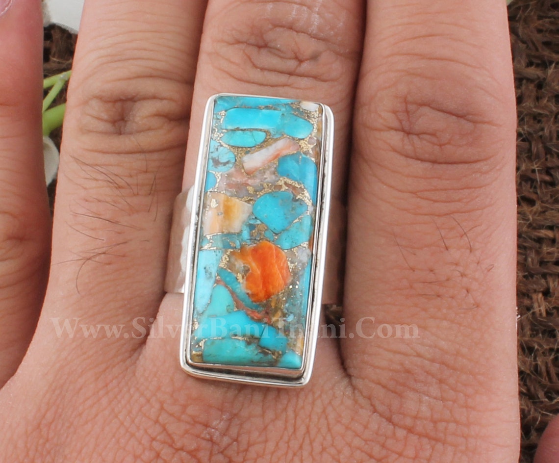 Oyster Copper Turquoise Rectangle Shape Gemstone Silver Ring | Etsy