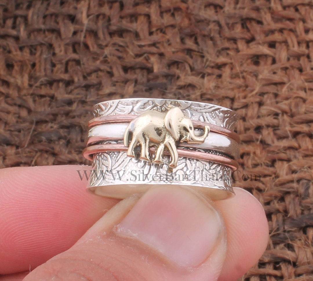 Buy Elephant Solid 925 Sterling Silver Wide Band Spinner Ring for Women ...