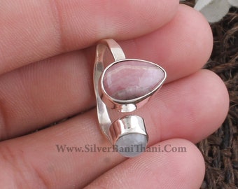 Rainbow Moonstone & Rhodochrosite Gemstone Ring - 925 Sterling Silver Two Stone Ring - Handmade Women Wedding Jewelry - Valentine's Day Gift