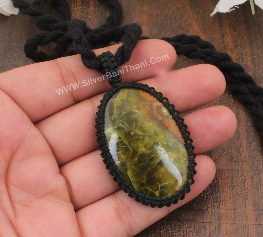 Black Macrame Healing Gemstone Macrame Necklace Green Opal Etsy