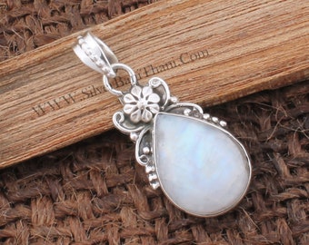 Rainbow Moonstone Silver Pendant | 925 Sterling Silver Pear Stone Necklace Pendant | Designer Flower Handmade Pendant | Women Jewelry Gift