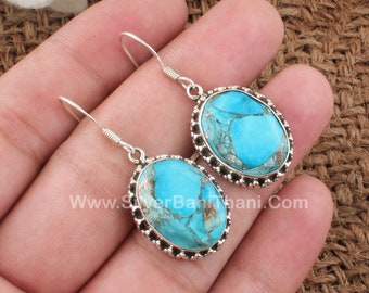 Blue Copper Turquoise Silver Earrings | 925 Sterling Solid Silver Stone Earrings | Designer Handmade Women Wedding Earrings For Women Gift