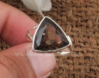 Natural Smoky Quartz Triangle Gemstone Ring | 925 Sterling Silver Faceted Cut Stone Ring | Designer Handmade Wedding Jewelry Gift For Women