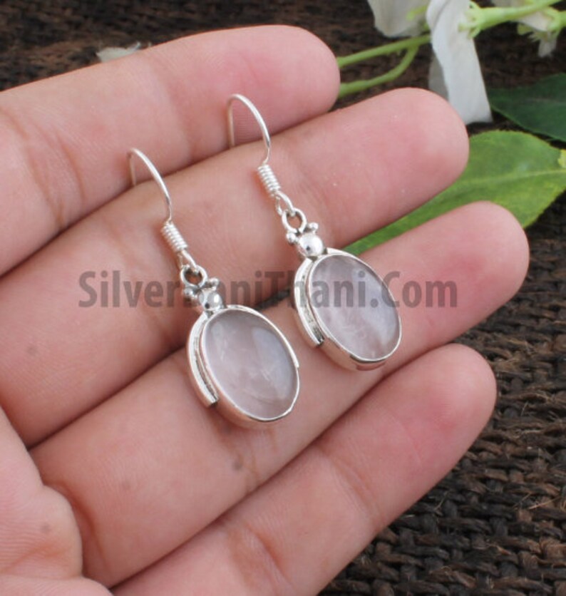 Amazing Rose Quartz Gemstone Earring-925 Sterling Silver Pink Stone Earring-Oval Stone Earring-Silver Jewelry-Layering Earring-Gift For Love
