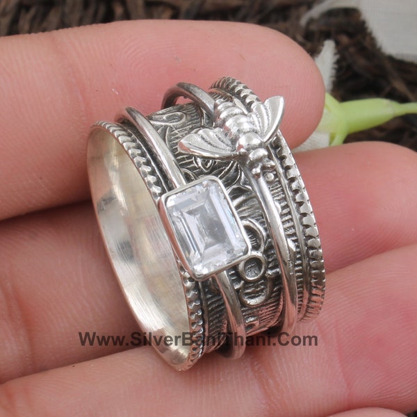 Anillo giratorio de plata de cuarzo de cristal natural / Anillos giratorios de piedra de corte facetado de plata de ley 925 / Regalo de anillo de abeja de miel tallado a mano de diseñador