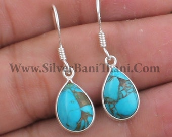 Blue Copper Turquoise Gemstone Silver Earrings | 925 Sterling Silver Earrings | Bezel Set Pear Shape Stone Earrings | Handmade Jewelry Gift