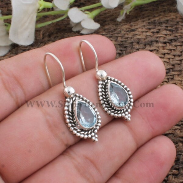 Top Rare Blue Topaz Earring-Dangle Earring-Lovely Gemstone Earring-Pear Design Silver Cut Stone Earring-Jewelry Handcrafted-Christmas-Etsy