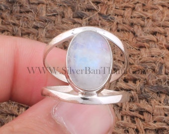 Rainbow Moonstone Oval Shape Gemstone Silver Ring | 925 Sterling Silver Ring | Handmade Dual Band Ring | Women's Rings For Gift Idea