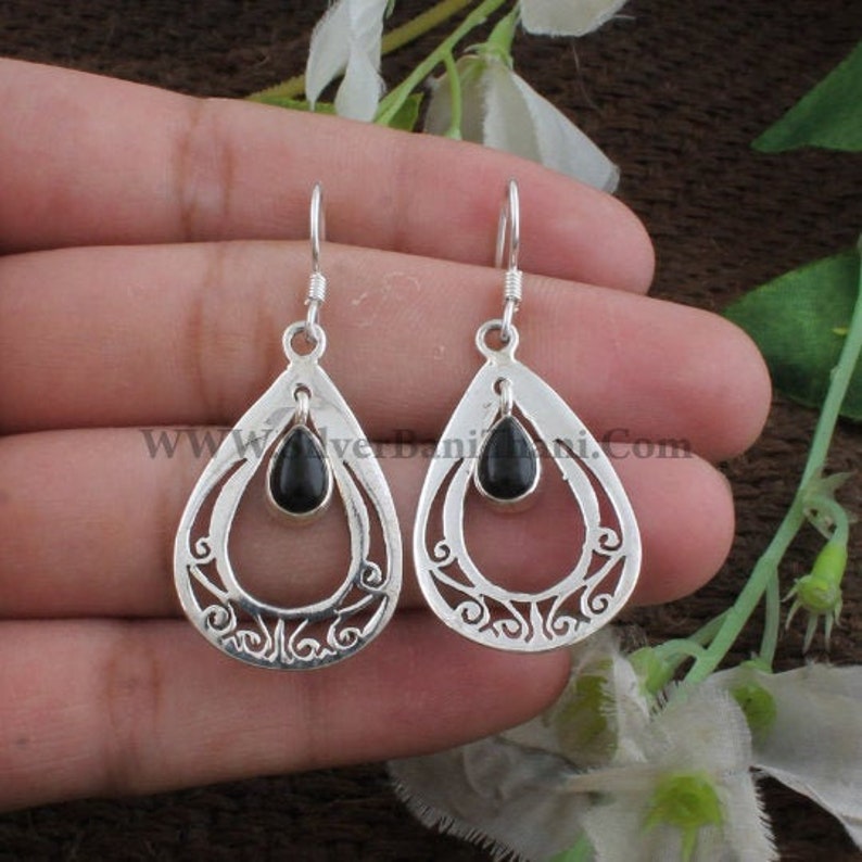 Black Onyx Earring-Handmade Earring 925 Sterling Solid Silver Earring-Black Onyx Semi Precious Stone Earring-Teardrop Banithani Earring