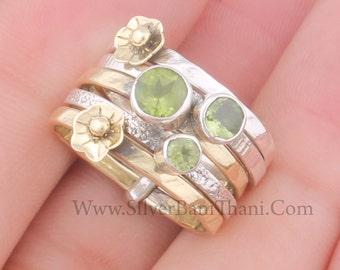 Peridot Silber Spinner Ring 925 Sterling Silber & Messing Peridot Spinner Ring handgemachte Blume Bandring strukturierte Band Ring Boho Daumenringe