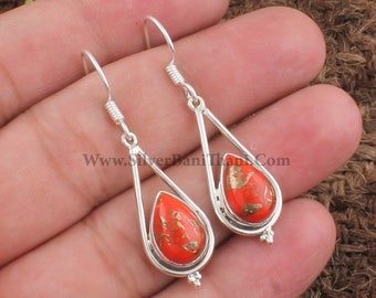 Orange Copper Turquoise Silver Earrings | 925 Sterling Solid Silver Smooth Pear Gemstone Earrings | Pear Gemstone Earrings | Gift For Her