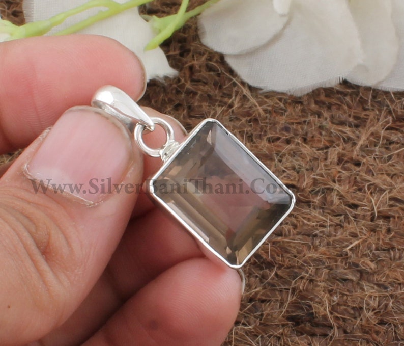 925 Sterling Silver Emerald Cut Stone Pendant Handmade Women Wedding Jewelry Natural Smoky Quartz Gemstone Necklace Pendant Gift Idea
