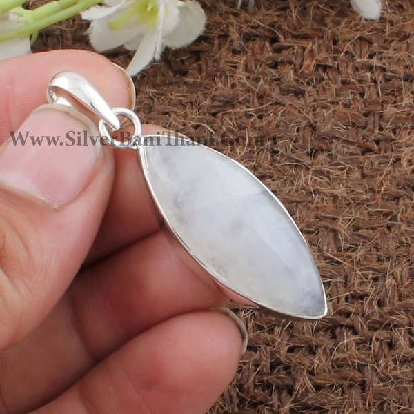 Natural Rainbow Moonstone Silver Necklace Pendant | 925 Sterling Silver Marquise Shape Pendant | Handmade Bridal Wedding Jewelry | Gift Idea