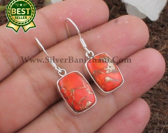 Orange Copper Turquoise Gemstone Silver Earrings | 925 Sterling Silver Cushion Shape Stone Earrings | Handmade Women Wedding Jewelry | Gift
