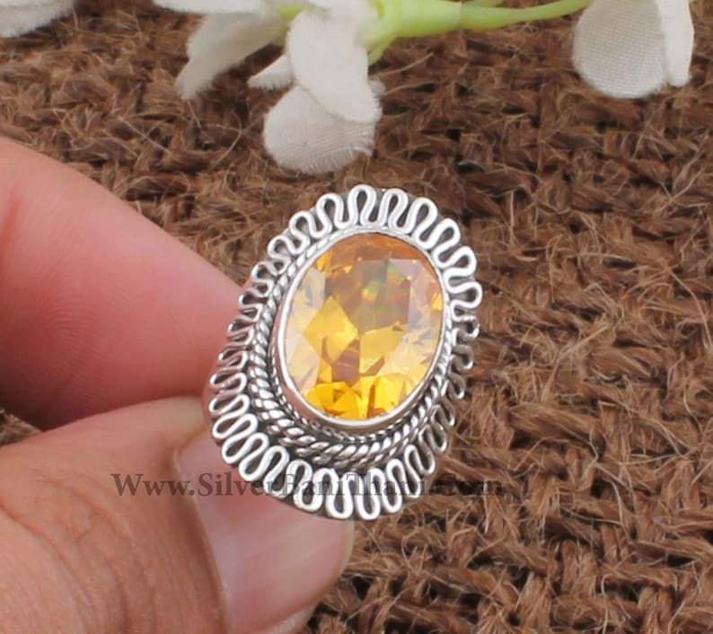 Yellow Cubic Zircon Oval Gemstone Antiqued Silver Ring Handmade Women Wedding Jewelry Solid 925 Sterling Solid Silver Ring Gift For Her