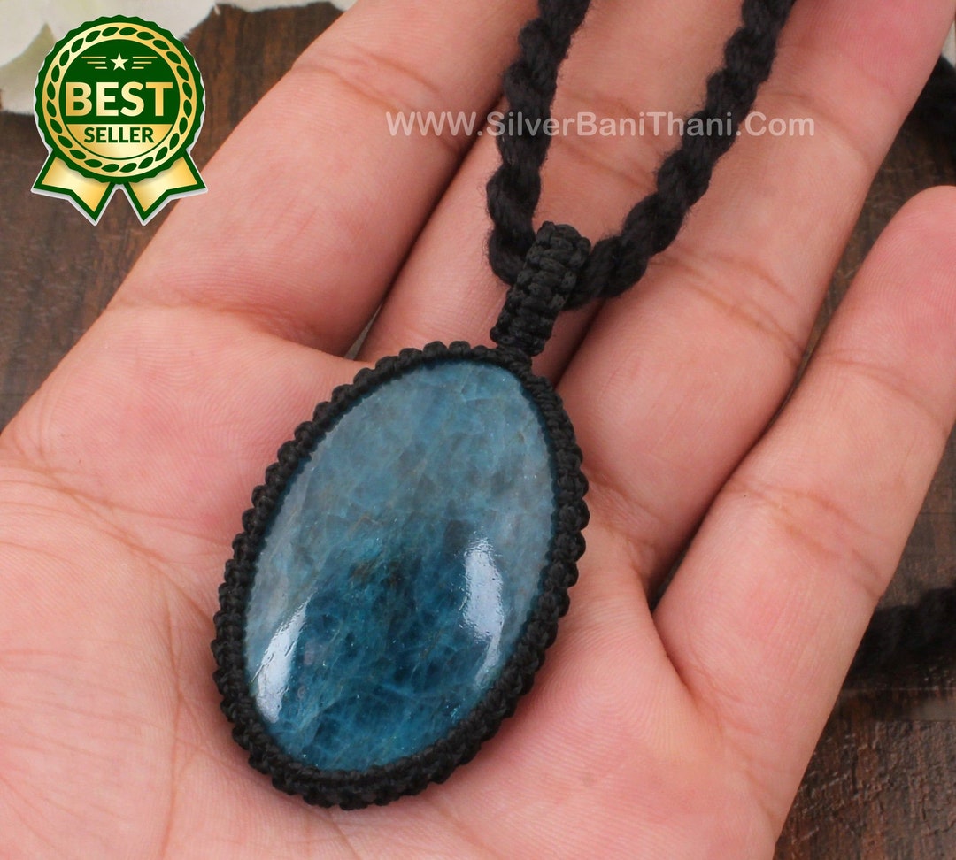 Black Macramé Healing Gemstone Macramé Necklace Apatite Blue Etsy