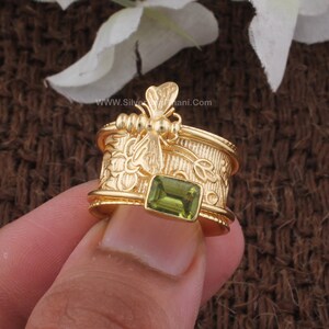 Natural Peridot Gold Plated Spinner - 22K Gold plated Spinner Rings - Anniversary Gift Item Gold Ring - Cut Peridot Spinner- Gold Band Rings