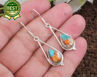 Oyster Copper Turquoise Silver Earrings | 925 Sterling Solid Silver Earrings | Designer Pear Gemstone Earrings | Handmade Women Earring Gift