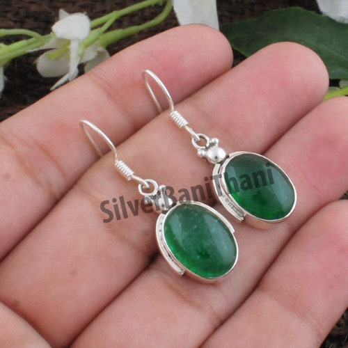 Solid 925 Sterling Silver Dangle Earrings Pear Natural Jadeite Drop Earrings 