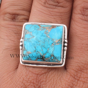 Turquoise Solid 925 Sterling Silver Ring For Women, Handmade Cushion Stone Band Ring Gifts Idea For Her Birthday AnniversaryEtsy