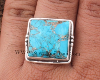 Turquoise Solid 925 Sterling Silver Ring For Women, Handmade Cushion Stone Band Ring Gifts Idea For Her Birthday AnniversaryEtsy