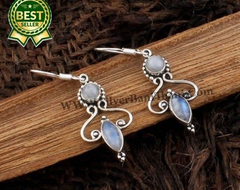 Rainbow Moonstone Silver Earrings | 925 Sterling Solid Silver Earrings | Designer Two Gemstone Earrings | Christmas Gift | June Birthstone