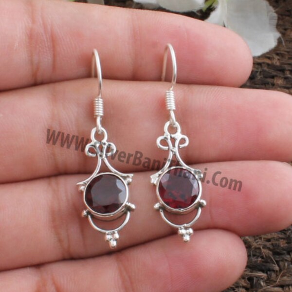 Red Garnet Earring - Designer Silver Earring - Semi Precious Cut Stone Earring - Solid Silver Earring - Modern - Anniversary - Rustic