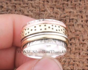 Silver Band Spinner Ring  For Women Handmade Tree Tone Fidget Anxiety Ring l 925 Sterling Silver Ring For Birthday Gift 2023
