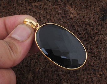 Natural Black Onyx Pendant - 22K Gold Pleated Pendant  - Onyx Gold Pendant - Anniversary Gift Pendant - Black Onyx Oval Pendant - Boho Item