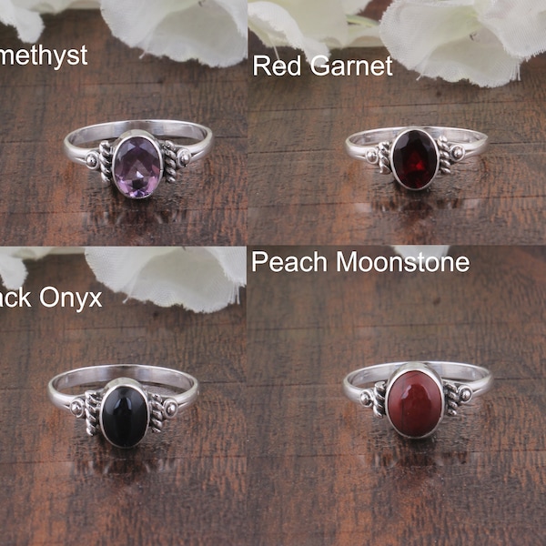 Oval Gemstone Rings | Solid 925 Sterling Silver Rings | Amethyst Ring | Red Garnet Ring | Black Onyx Ring | Peach Moonstone Ring | Gift Idea