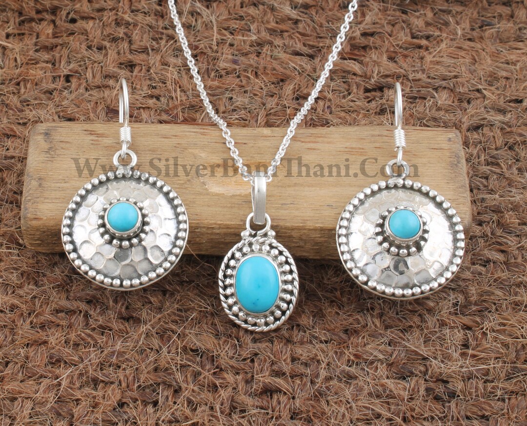 Turquoise Gemstone Silver Jewelry Set 925 Sterling Silver Two Item ...