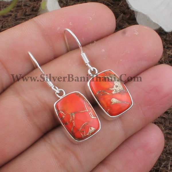 Orange Copper Turquoise Gemstone Silver Earrings | 925 Sterling Silver Cushion Shape Stone Earrings | Handmade Women Wedding Jewelry | Gift