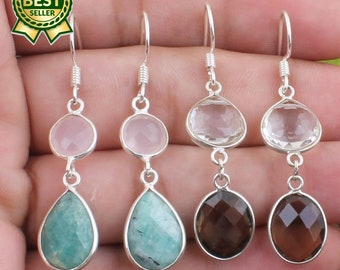 Multi Stone Earrings 925 Sterling Silver Earrings Brazil Earrings,Two Stone Earring Semi Precious Stone Earrings,Gift For HimSolid Silver