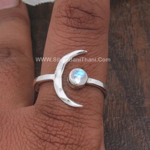 925 Crescent Moon Rainbow Moonstone Gemstone Ring Moonstone Solid 925 Sterling Silver Ring For Women Handmade Solid Silver Band Ring Wedding image 3