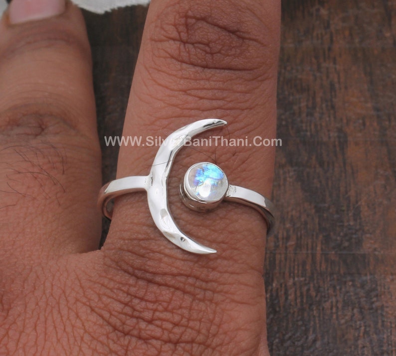 925 Crescent Moon Rainbow Moonstone Gemstone Ring Moonstone Solid 925 Sterling Silver Ring For Women Handmade Solid Silver Band Ring Wedding image 3